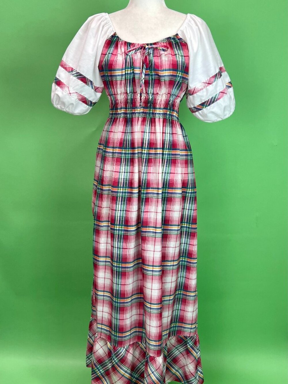 Vintage 70s Cottagecore Red White Plaid Prairie Dress with Puff Sleeves Size S/M